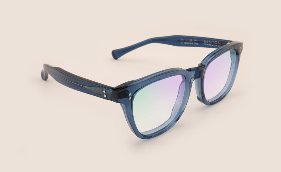 Rounded Square Transparent Blue Spectacles Side View