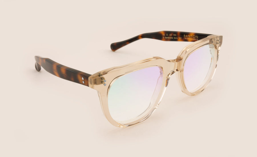 Transparent beige large specatcles with tortoise temples side view