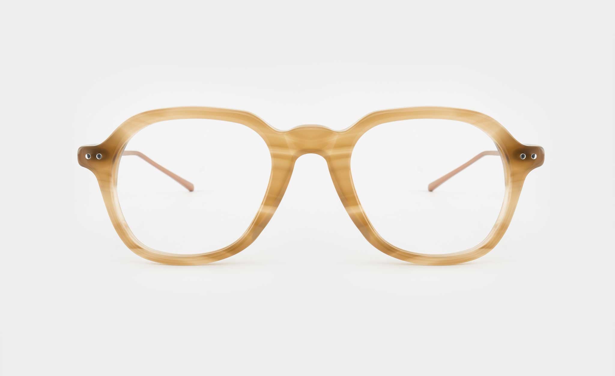Front view of light brown Pilot-style eyglasses frame