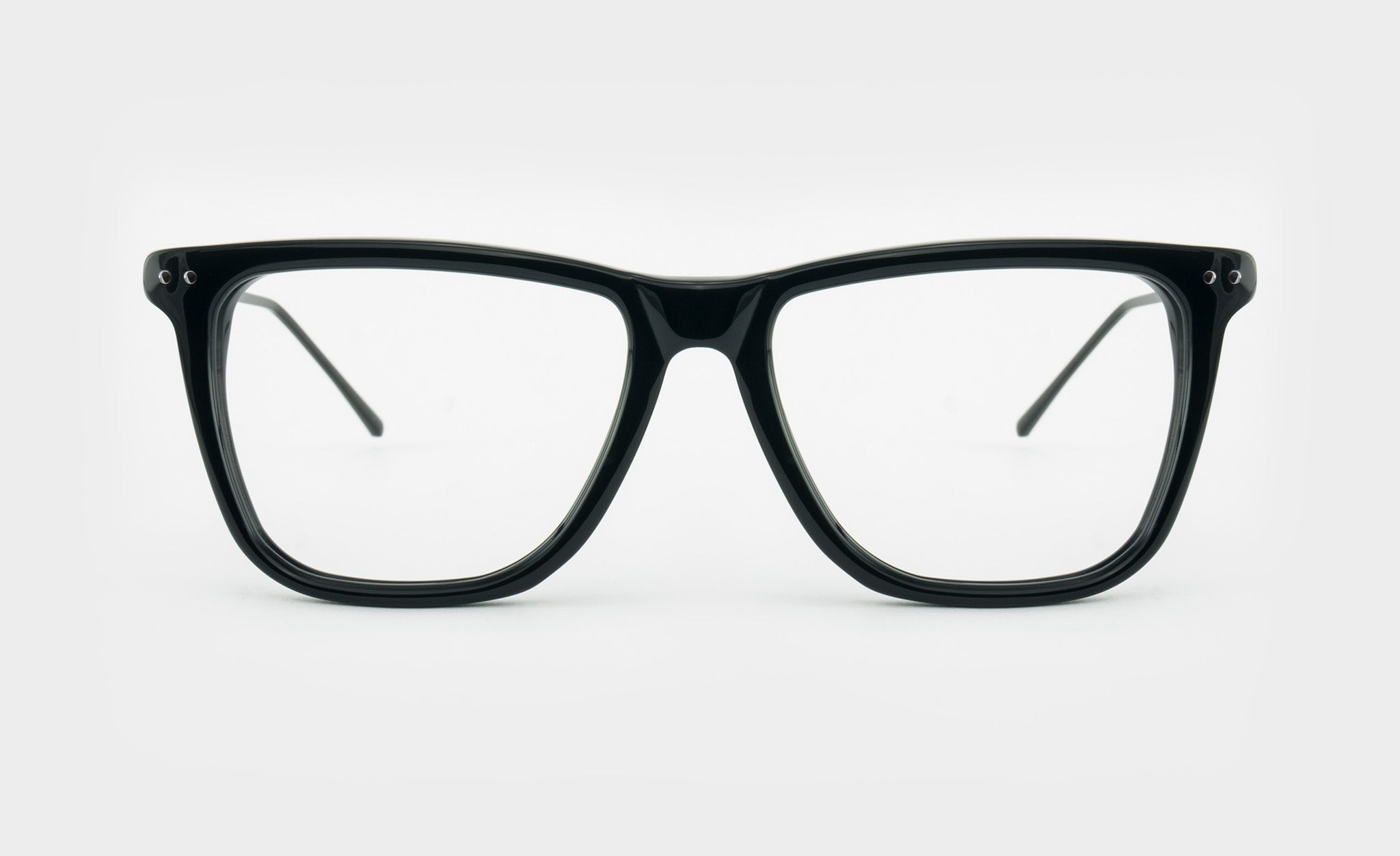 Front view of rectangular black spectacle frame